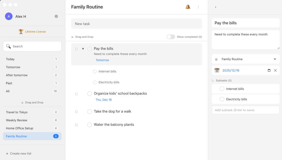 Ultra Todo - The Best Google Tasks Client for Mac showing task list with dark mode